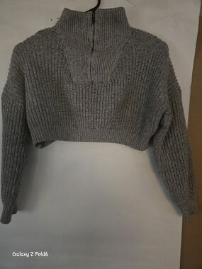 SHEIN Gray Cropped Ribbed Half-Zip Mock Neck Sweater